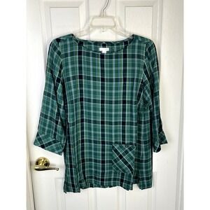 NWOT J. Jill Boat neck pullover top with 3/4 sleeves in green plaid, size S